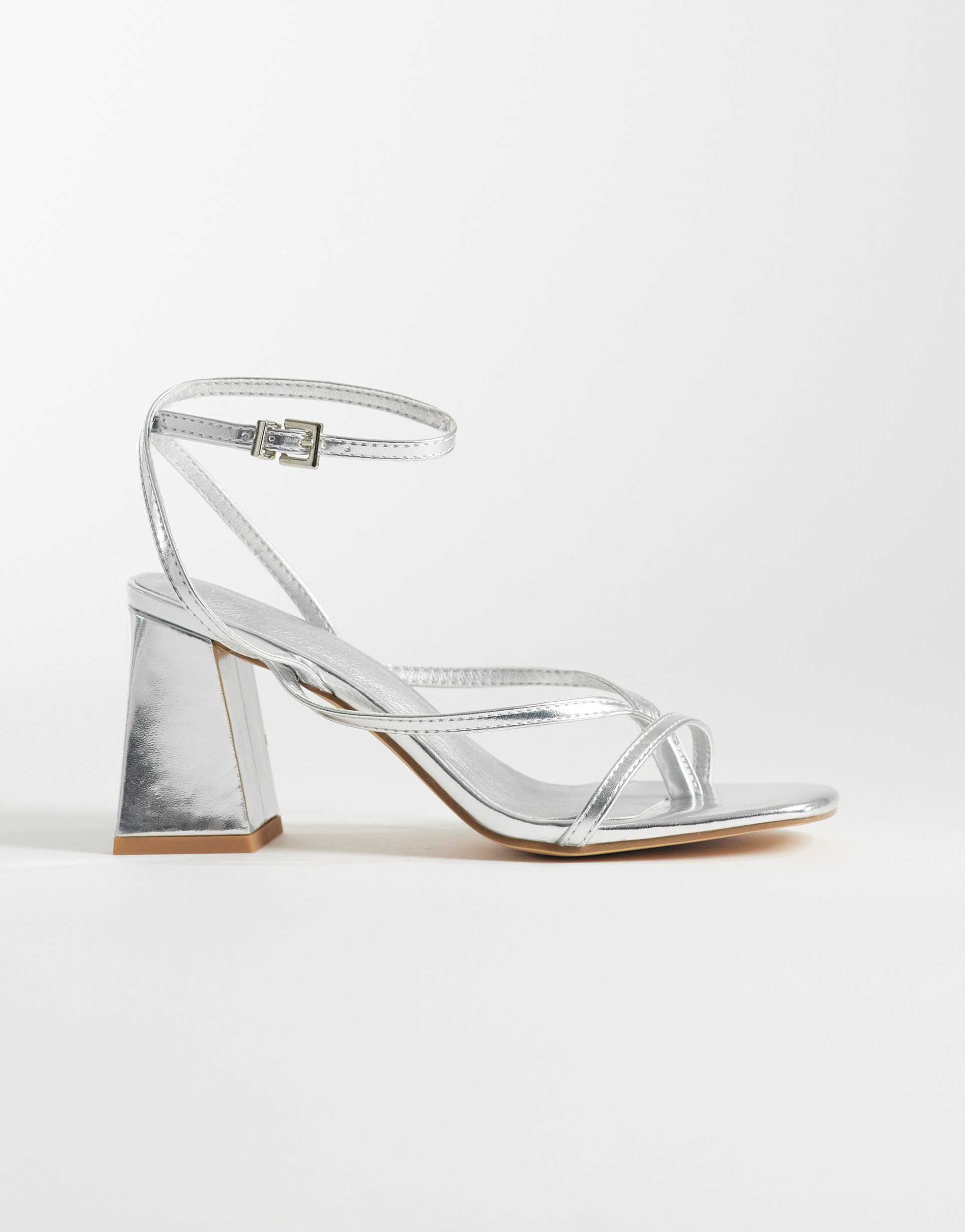 london rebel aria strappy mid block heeled sandals in silver
