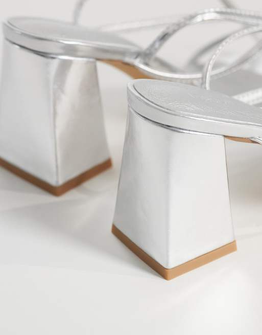London Rebel Aria strappy mid block heeled sandals in silver, 3 of 4