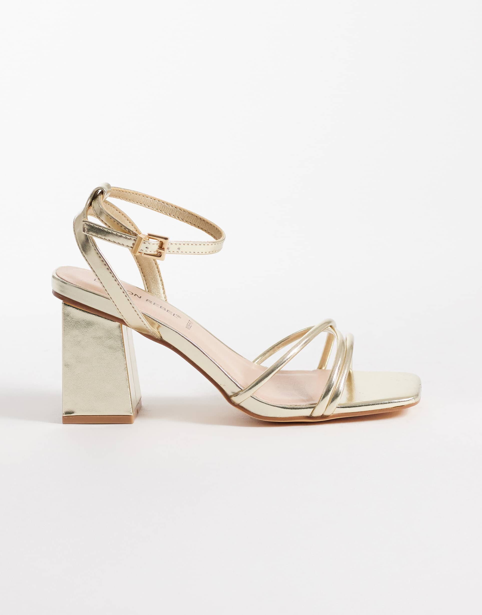 london rebel ash strappy mid block heeled sandals in gold