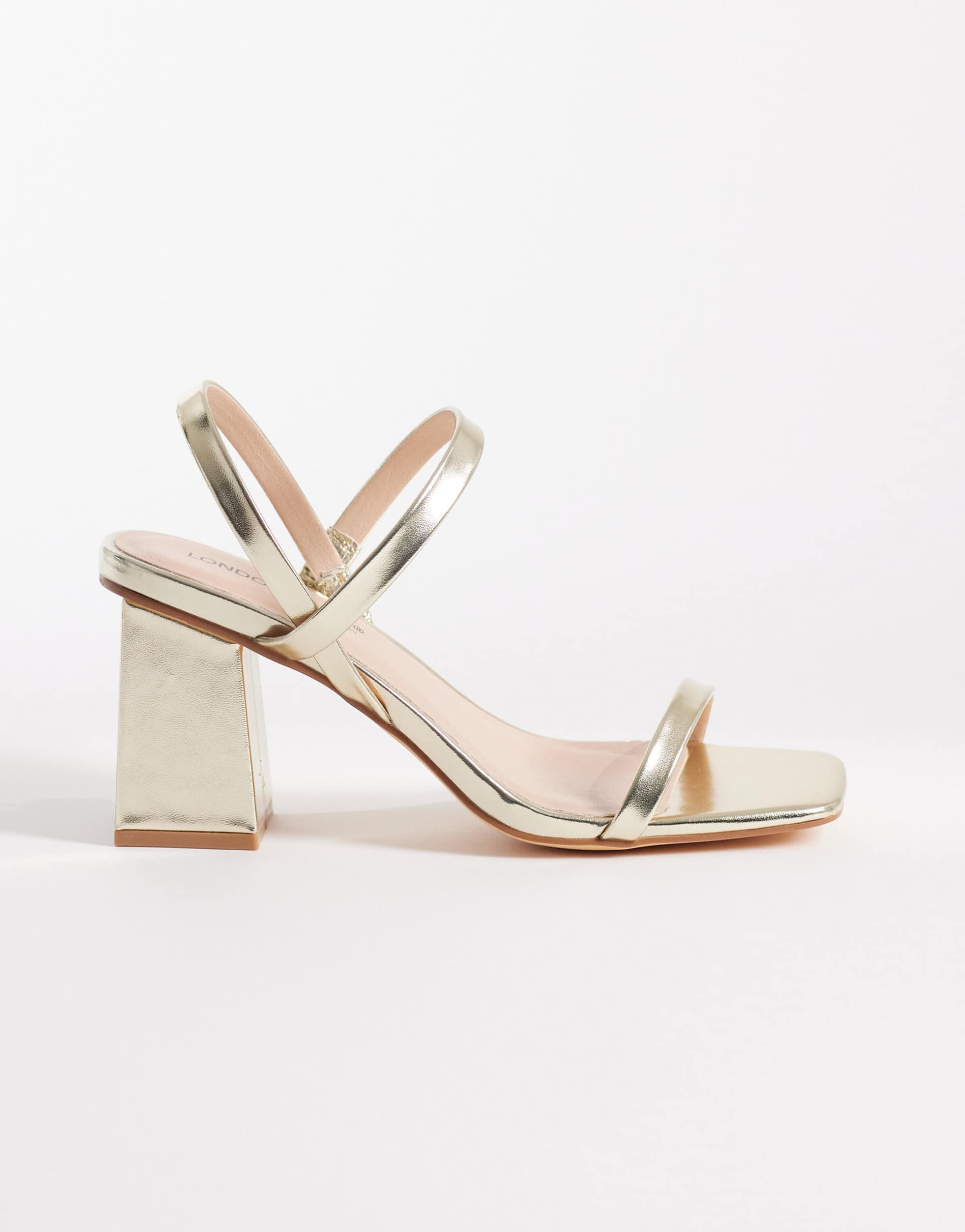 london rebel ash strappy mid block heeled sandals in gold