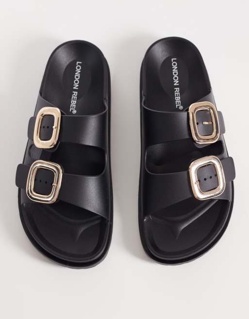 London Rebel Astra double buckle sandals in black, 2 of 4