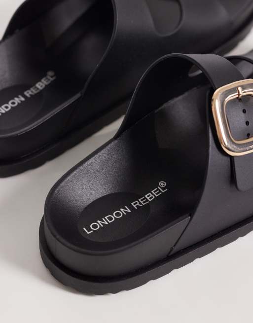 London Rebel Astra double buckle sandals in black, 3 of 4