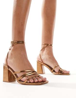 London Rebel Audrey block heel strappy sandals in bronze | ASOS