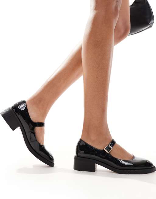 London Rebel Becca chunky patent mary jane shoes in black 