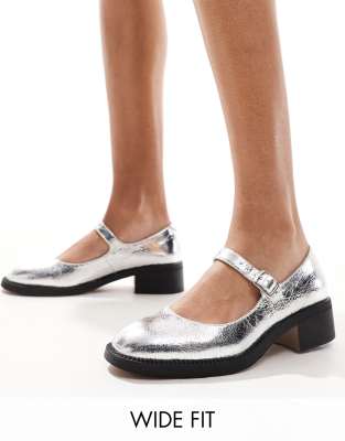 London Rebel - Becca - Klobige Mary-Jane-Schuhe in Silber, weite Passform