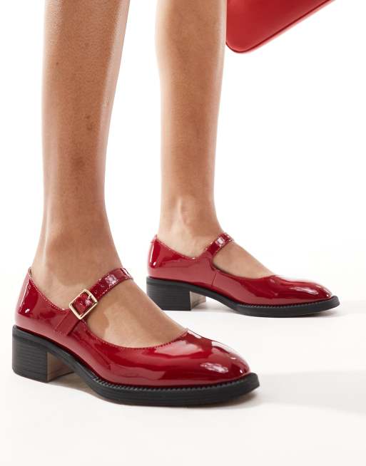 London Rebel – Becca – Röda, grova, lackade Mary Jane-skor 