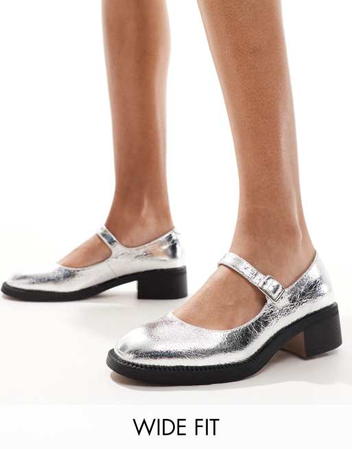 London Rebel Becca Wide Fit chunky mary jane shoes in silver 
