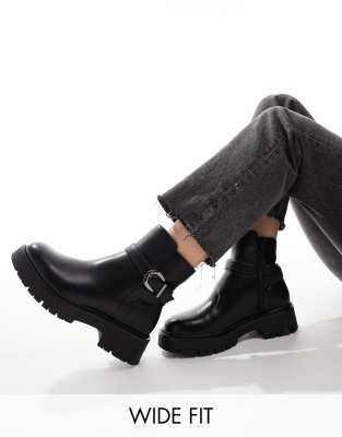 London Rebel Wide Fit London Rebel Billie wide fit chunky ankle boots with buckle in black