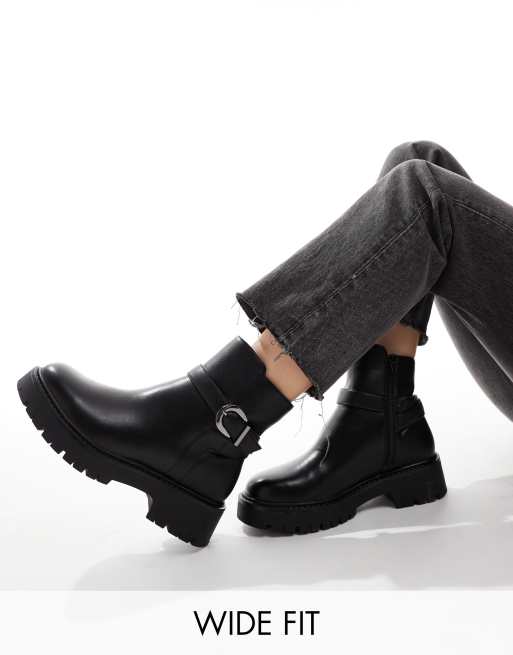 London Rebel Billie wide fit chunky ankle boots with buckle in black ASOS