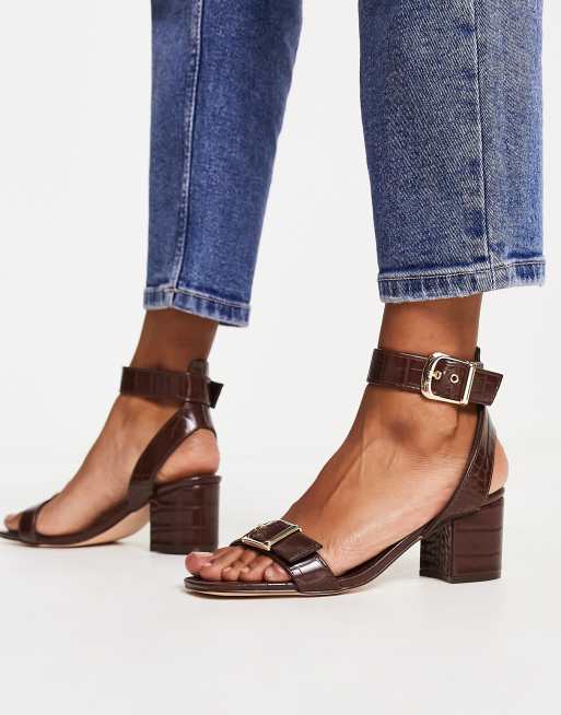 London Rebel block heel sandals in patent chocolate croc | ASOS