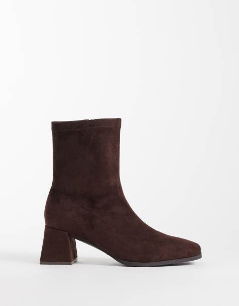 London Rebel - botas altas hasta la rodilla de ante sintético con tacón ancho Tabitha en chocolate - view 1