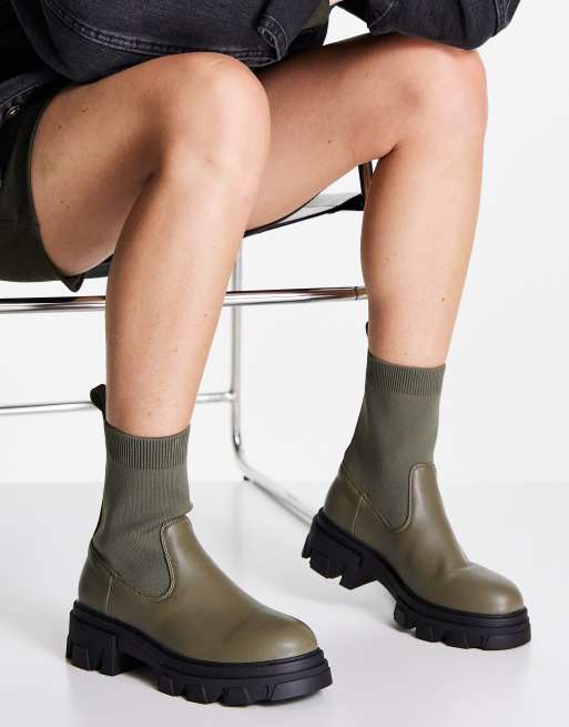 London Rebel - Bottines à enfiler en maille à semelle épaisse - Kaki