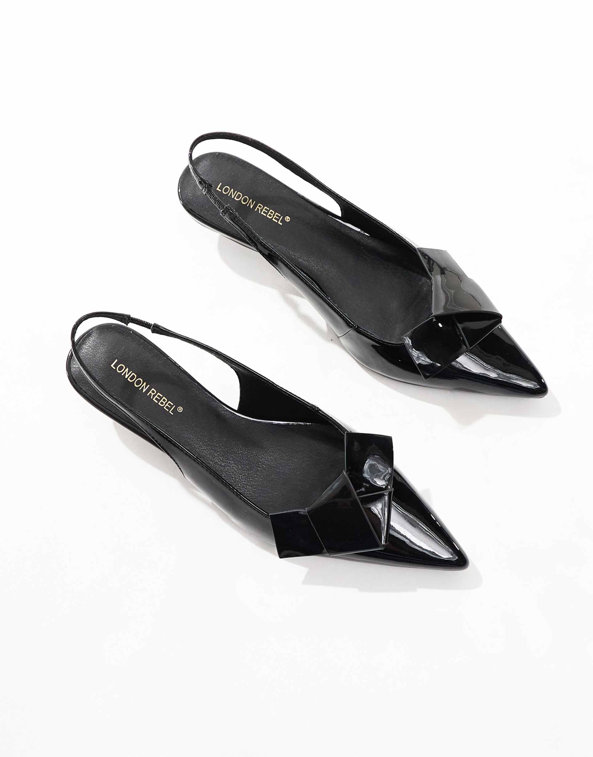 london rebel bow detail slingback kitten heels in patent black