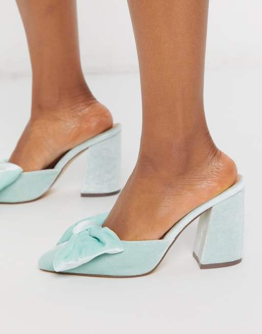 London Rebel bow heeled mules in mint green