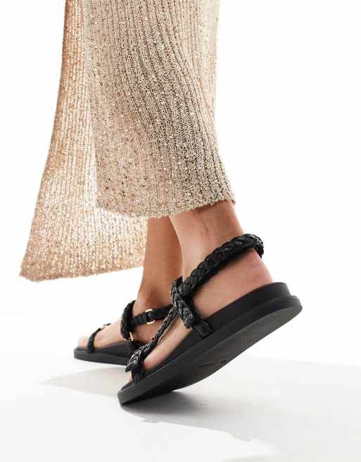 London Rebel braided strap sandals in black, 2 of 4