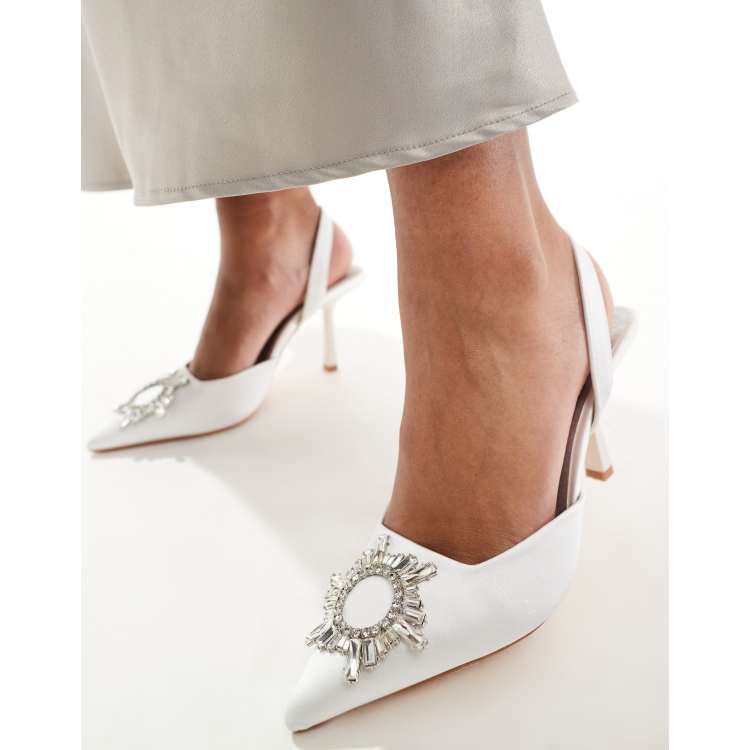 London Rebel bridal embellished court heels in ivory satin ASOS