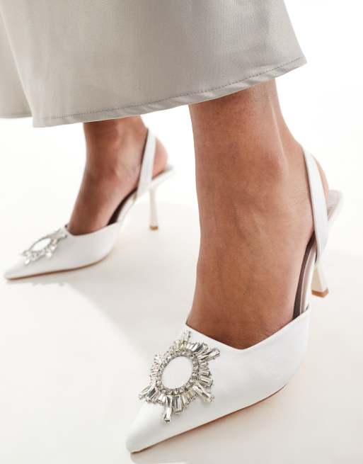 London Rebel bridal embellished court heels in ivory satin ASOS