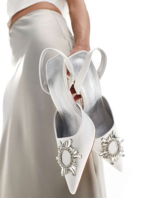 London Rebel bridal embellished court heels in ivory satin