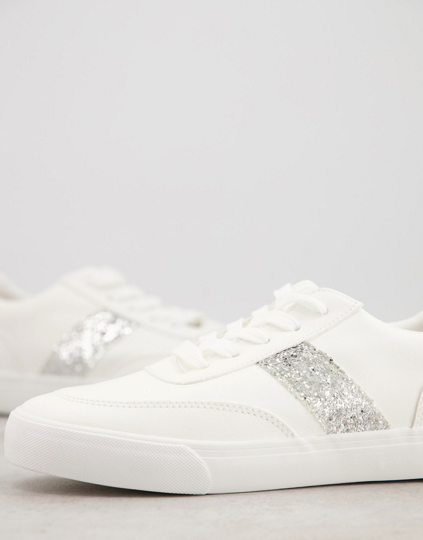 London Rebel bridal glitter side stripe lace up sneakers in white with silver