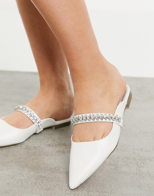 London Rebel bridal pointed flat mules with embellishment in white