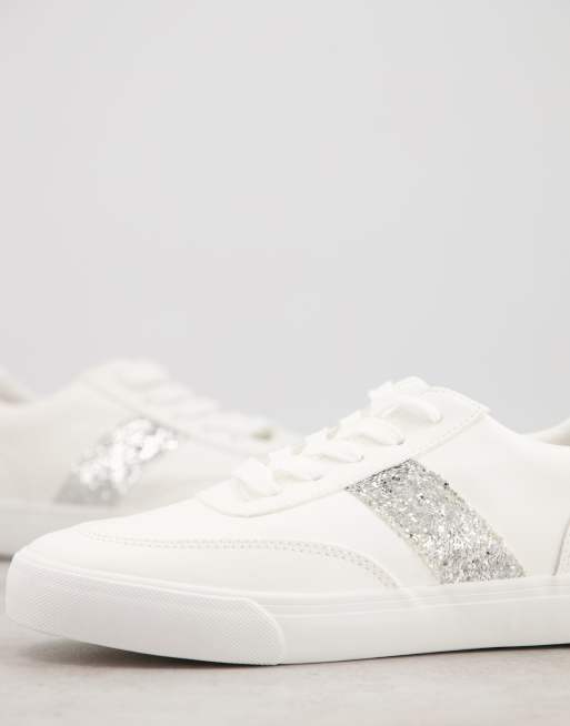 London Rebel - Bridal - Sneakers bianche stringate con riga laterale argento glitterato
