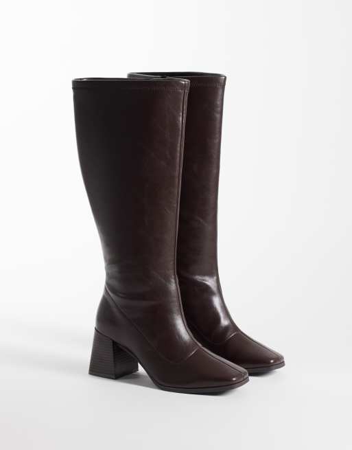 London Rebel Bridget block heeled knee boots in chocolate, 2 of 4