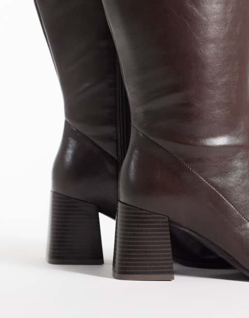 London Rebel Bridget block heeled knee boots in chocolate, 3 of 4