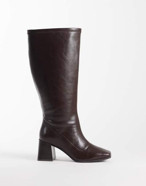 London Rebel Bridget botas por la rodilla con tacón ancho en chocolate - view 1