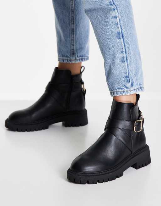 London Rebel buckle detail ankle boots in black | ASOS