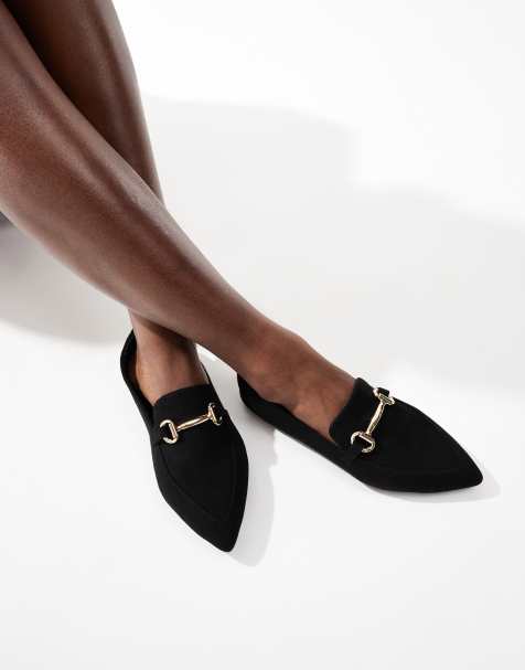 London Rebel buckle detail pointed toe loafers in black - view 1