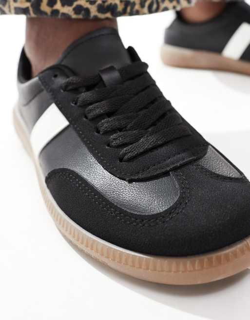 London Rebel Cally Wide Fit sneakers with gum sole in black and white