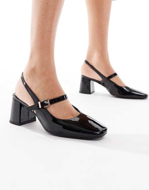 London Rebel Camila buckle detail sling back mid heeled sandals in black - view 1