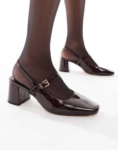 London Rebel Camila buckle detail sling back mid heeled sandals in dark brown - view 1