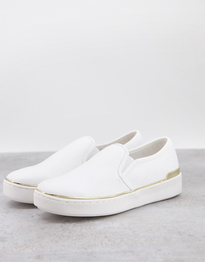 London Rebel canvas slip on sneakers in white with gold-tone trim