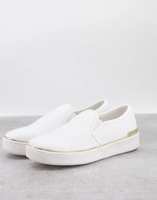 London Rebel canvas slip on trainers in white with gold-tone trim | ASOS