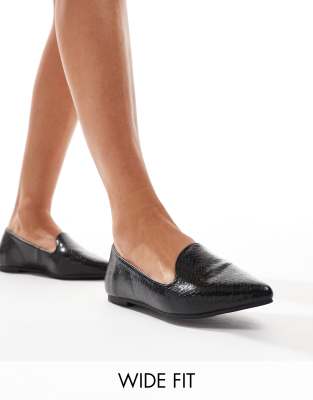 London Rebel Celina wide fit pointed loafers in black snake