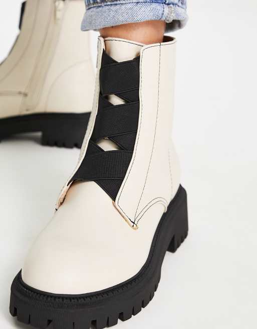 London Rebel chunky ankle boots in cream with elastic front detail