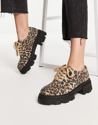 London Rebel Chunky Canvas Lace Up Shoes In Leopard-multi