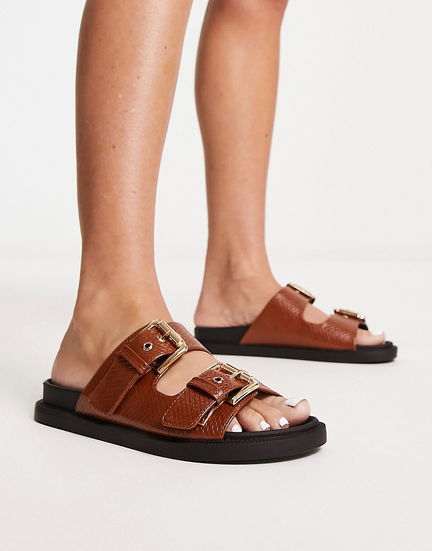 London Rebel chunky double buckle footbed slides in tan-Brown