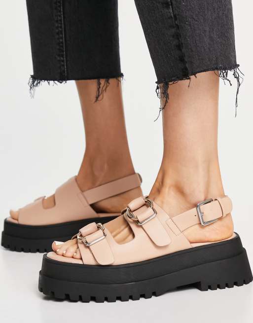 London Rebel chunky double buckle sandals in beige, 2 of 4