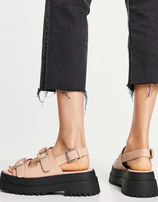 London Rebel chunky double buckle sandals in beige, 3 of 4