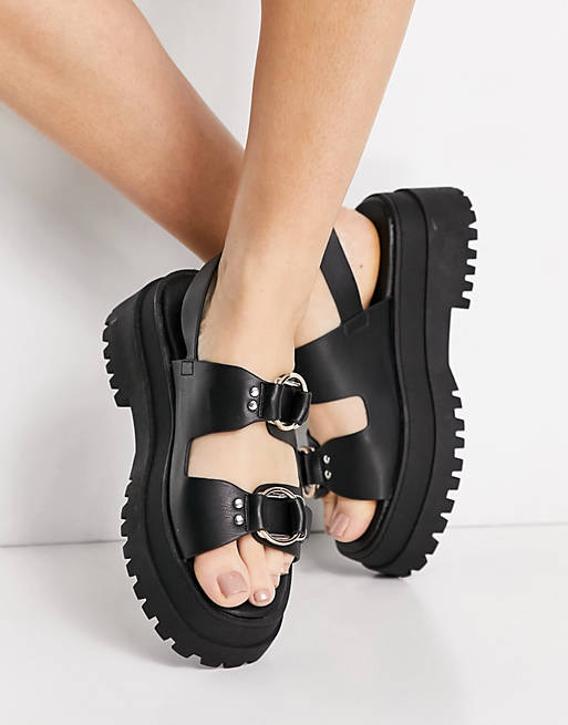 London Rebel chunky double buckle sandals in black | ASOS
