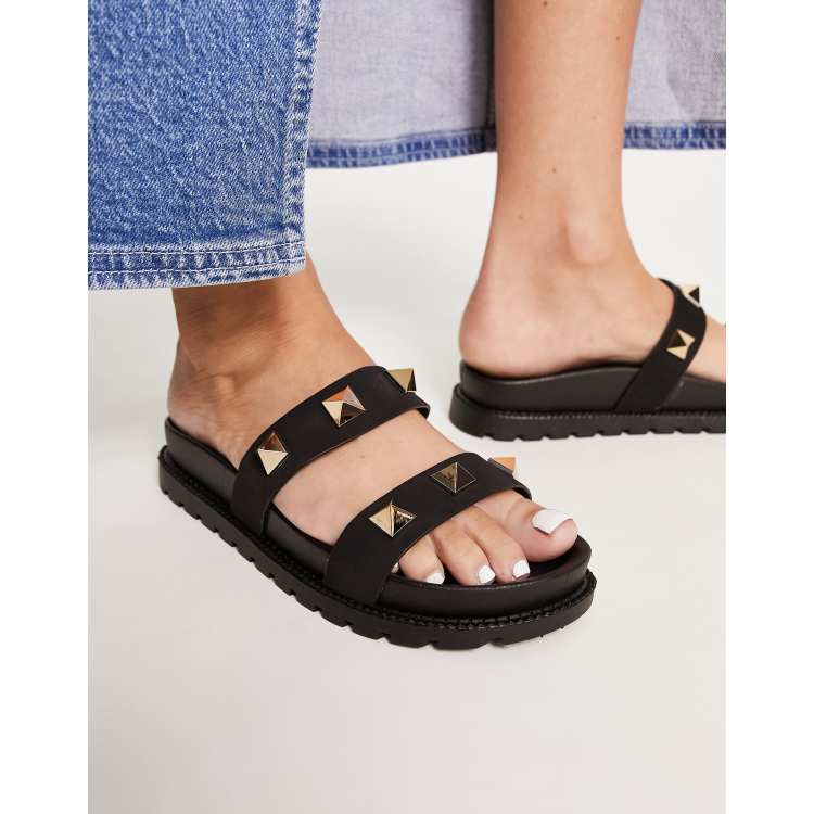 London Rebel chunky double strap studded jelly sandals in black ASOS