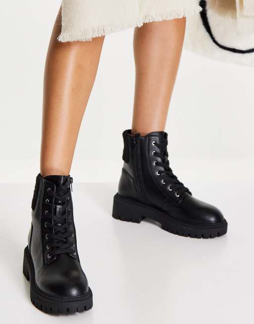 London Rebel chunky faux fur cuff ankle boots in black