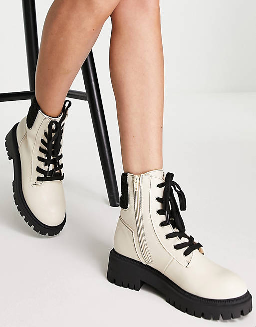 London Rebel chunky faux fur cuff ankle boots in cream