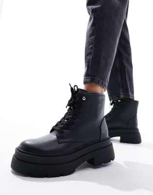 London Rebel Chunky Flatform Hiker Boots In Black