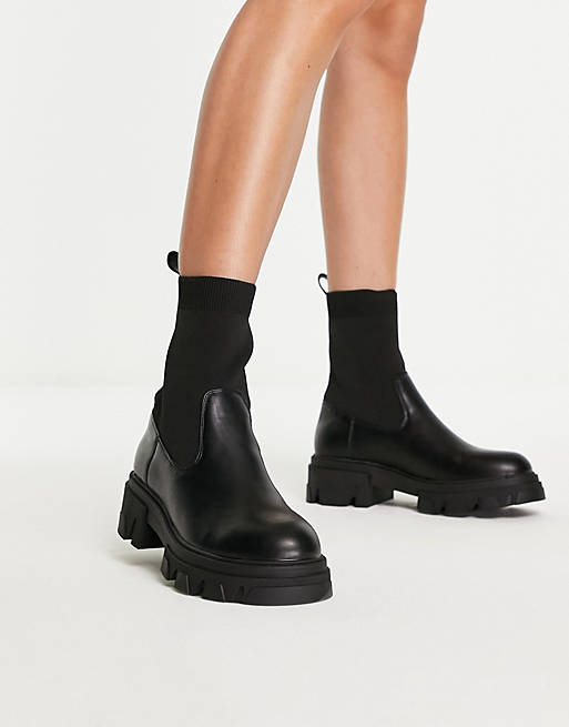 London Rebel chunky knitted pull on ankle boots in black | ASOS