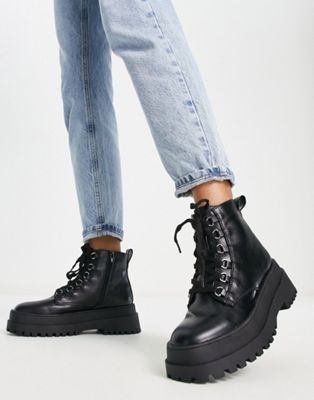 London Rebel chunky lace up ankle boots in black