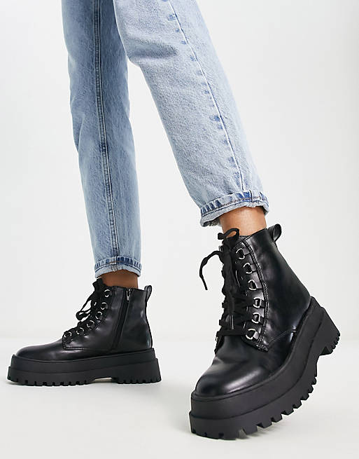 London Rebel chunky lace up ankle boots in black | ASOS