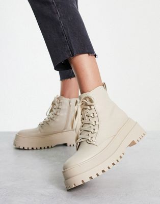 London Rebel chunky lace up ankle boots in cream-White | Smart Closet